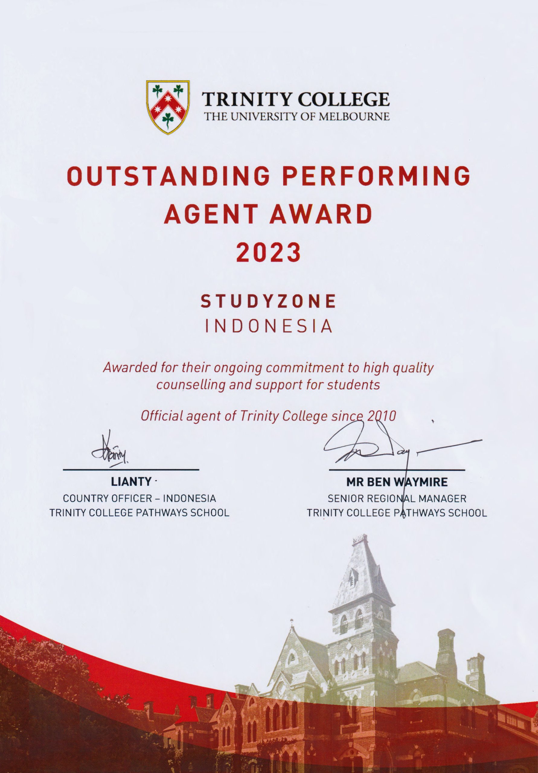 Outstanding Performing Agent Award 2023 Trinity College